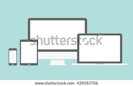 Device mockup template. Set of computer monitor, computer, laptop, phone, tablet isolated on green background. Flat vector illustration.