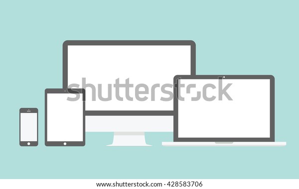 デバイスのモックアップテンプレート 緑の背景にコンピューターモニター コンピューター ノートパソコン 電話 タブレットのセット 平らなベクターイラスト のベクター画像素材 ロイヤリティフリー