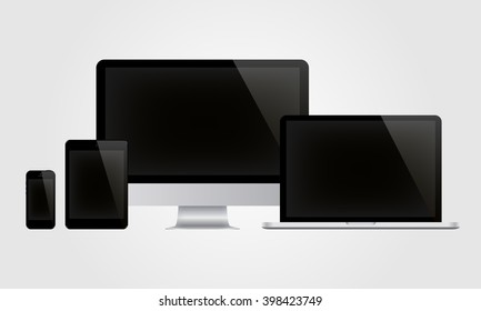 Device Mockup Template. Set Of Realistic Computer Monitor, Computer, Laptop, Phone, Tablet Isolated On White Background. Vector Illustration.