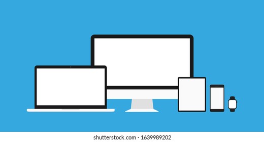 Device mockup vector isolated templates. Flat design illustration. Responsive design website. Personal computer laptop tablet phone and watch screen mockup. EPS 10