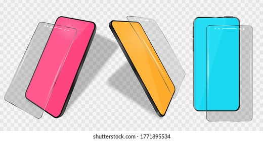 Device mockups. 3D Model phone. Realistic smartphone on transparent background. Phone from different sides with transparent protective glass or film for the screen