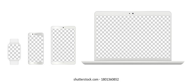 Device mockups. Realistic white laptop, smartphone tables and smart clock. Isolated modern gadgets with transparent screens vector illustration