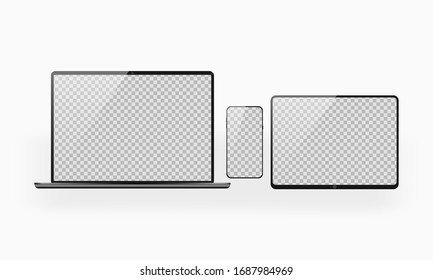 Device mockups. Tablet, phone, laptop with transparent screen. Modern design. Gadgets template for presentation, banners, infographic, app. Isolated vector illustration