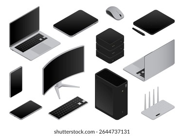 Device and modern gadgets collection. Vector isolated laptops and smartphones, tablets and monitor, mouse and keyboard, system unit and data storage. Technology for entertainment and office desk