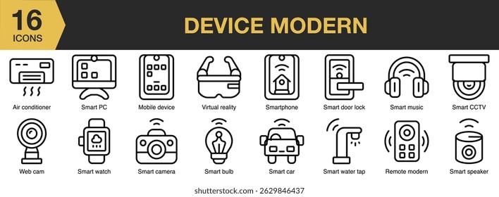 Device Modern icon set. Includes technology, modern, device, digital, communication, smart, and More. Outline icons vector collection.