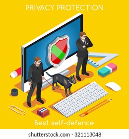 Device Online Protection 3D Flat Isometric Vector Set. Privacy Protection Antivirus Hack Data Security Man Cryptography Firewall Smartphone Laptop Encrypted Cloud Safety Internet Security Infographic