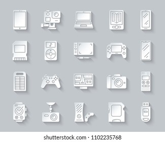 Device paper cut art icons set. 3D Web sign kit of gadget. Electronics pictogram collection includes joystick, navigator, smart watch. Simple device vector carved icon shape. Material design symbol