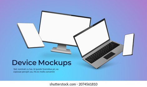 Device poster with floating realistic gadgets mockup with empty screens. 3d phone, laptop, monitor and tablet. Smart technology vector scene. Electronic equipment advertisement banner