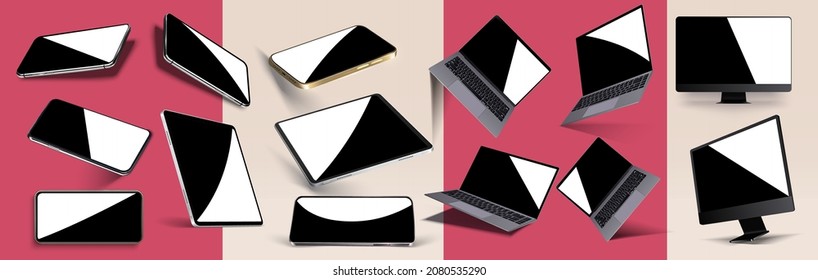 Device Poster With Floating Realistic Gadgets Mockup With Empty Screens. Tablet, Phone, Computer, Laptop Reflect Light In Different Angles, Isolated Layouts.  Electronic Equipment Advertisement Banner