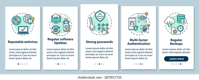 Device protection onboarding mobile app page screen with concepts. Antivirus, software update, passwords walkthrough 5 steps graphic instructions. UI vector template with RGB color illustrations