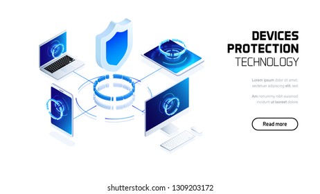 Device protection system, software and hardware security technology, futuristic icometric 3d concept vector illustration