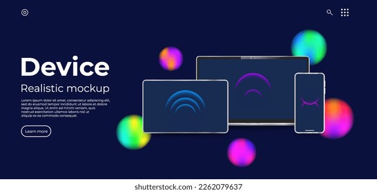 Device realistic mockup. Landing page for app presentation or web page. Glassmorphism circle dector. Minimalistic style web page. Laptop, tablet, phone realisitic. Eps 10. Vector realistic concept