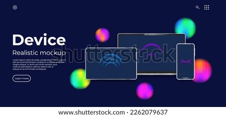 Device realistic mockup. Landing page for app presentation or web page. Glassmorphism circle dector. Minimalistic style web page. Laptop, tablet, phone realisitic. Eps 10. Vector realistic concept