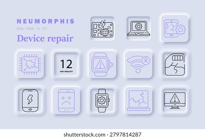 Device repair set icon. Broken chip, laptop gear, tablet settings, damaged processor, smartwatch alert, wifi error, cracked battery, phone fault, sad device, monitor warning symbols.
