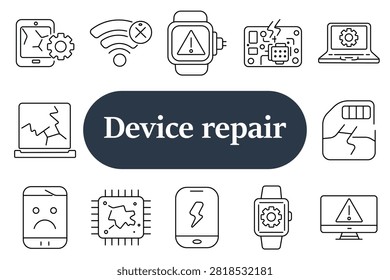 Device repair set icon. Broken screen phone, signal error, smartwatch warning, circuit board damage, laptop settings, cracked display, faulty chip, low battery, gear service, monitor alert icons.