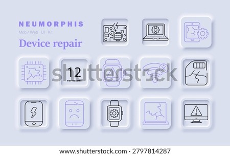 Device repair set icon. Broken chip, laptop gear, tablet settings, damaged processor, smartwatch alert, wifi error, cracked battery, phone fault, sad device, monitor warning symbols.