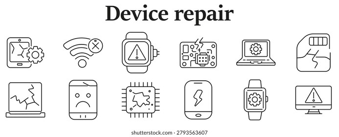Device repair set icon. Line icons depict cracked phone gear, wifi error, smartwatch alert, circuit board, laptop gear, damaged battery, broken screen laptop, sad phone, chip crack, power icon
