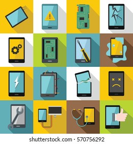 Device repair symbols icons set. Flat illustration of 16 device repair symbols vector icons for web