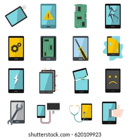 Device repair symbols icons set in flat style isolated vector illustration