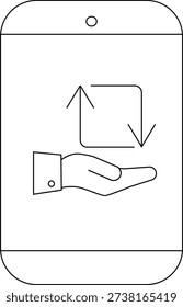 A device screen displays a hand offering a square with updown arrows suggesting a exchange