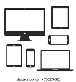 Device screen icon set. Phone and computer display to present visual information, mobile touchscreens, touchpad for the laptop. Vector flat style cartoon illustration isolated on white background