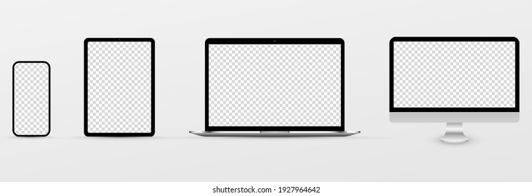 Device screen layout. Mockup of phone, tablet, computer, monitor with blank screen. Blank screen for text or design. PNG.