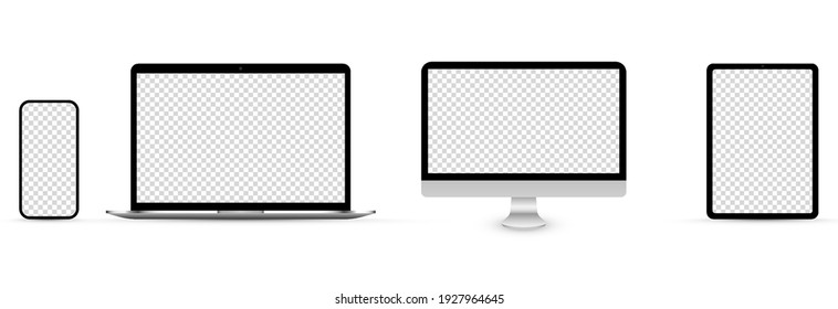 Device Screen Layout. Mockup Of Phone, Tablet, Computer, Monitor With Blank Screen. Blank Screen For Text Or Design. PNG.