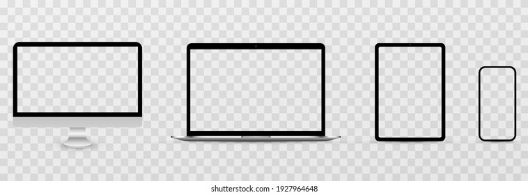 Device Screen Layout. Mockup Of Phone, Tablet, Computer, Monitor With Blank Screen. Blank Screen For Text Or Design. PNG.