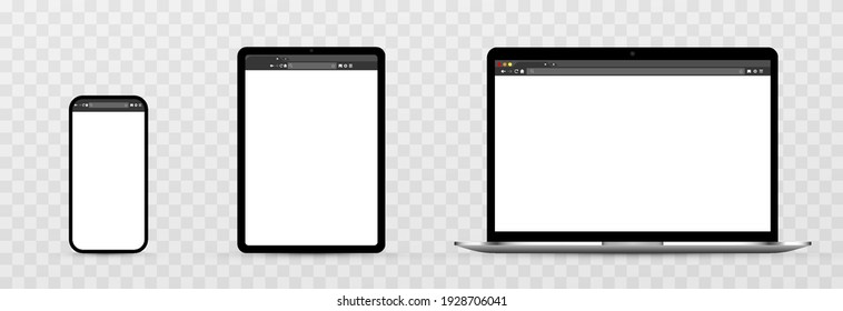 Device Screen Layout. Mockup Of A Phone, Tablet, Laptop With An Open Browser Tab. Mock Up For Text Or Design. PNG.