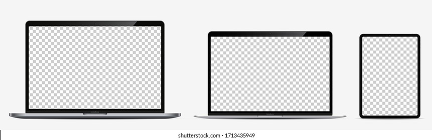 Device screen mockup. Laptop pro, laptop thin and tablet silver color with blank screens for your design. Realistic vector illustration