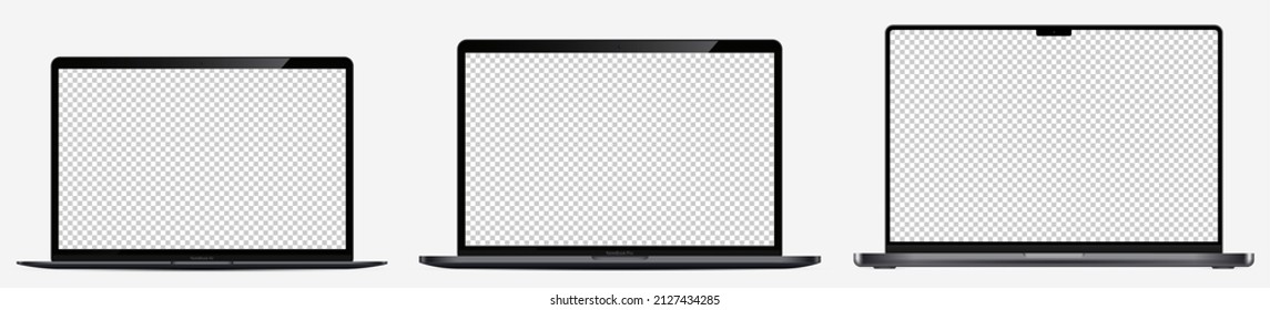 Parodia de la pantalla del dispositivo. Portátil abierto realista en tres variedades con pantalla en blanco para su diseño. EPS10 vectores	