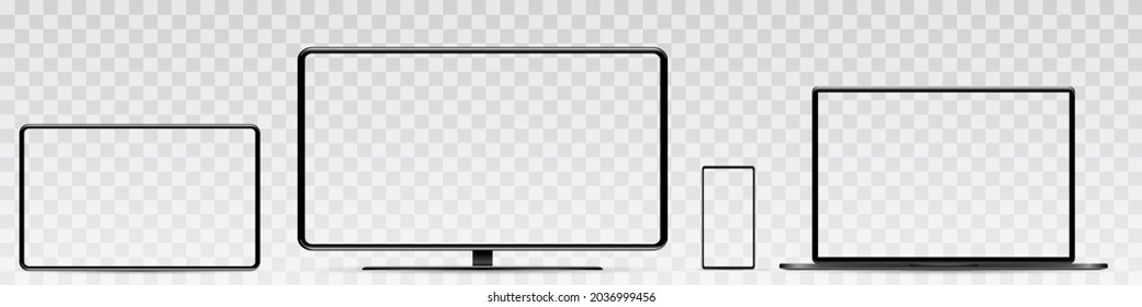 Device screen mockup. Smartphone, tablet, laptop and monoblock monitor, with blank screen for you design. PNG. 