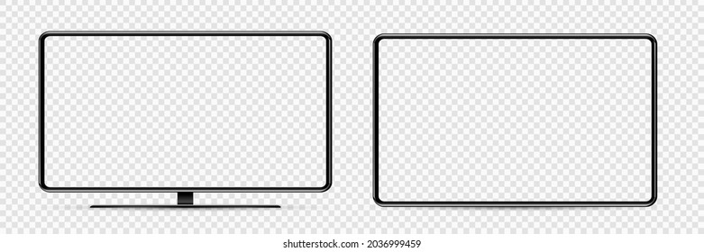 Device screen mockup. Smartphone, tablet, and monoblock monitor, with blank screen for you design. PNG. 