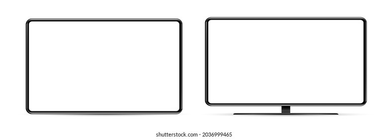Device screen mockup. Smartphone, tablet, and monoblock monitor, with blank screen for you design. PNG. 