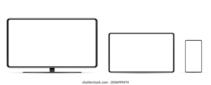 Device screen mockup. Smartphone, tablet, laptop and monoblock monitor, with blank screen for you design. PNG. 