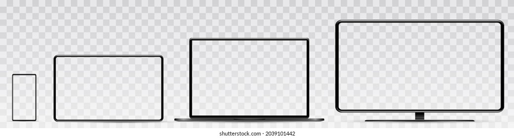 Device screen mockup. Smartphone, tablet, laptop and monoblock monitor, with blank screen for you design. PNG. 