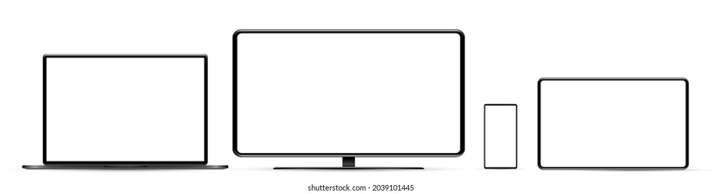 Device Screen Mockup. Smartphone, Tablet, Laptop And Monoblock Monitor, With Blank Screen For You Design. PNG. 