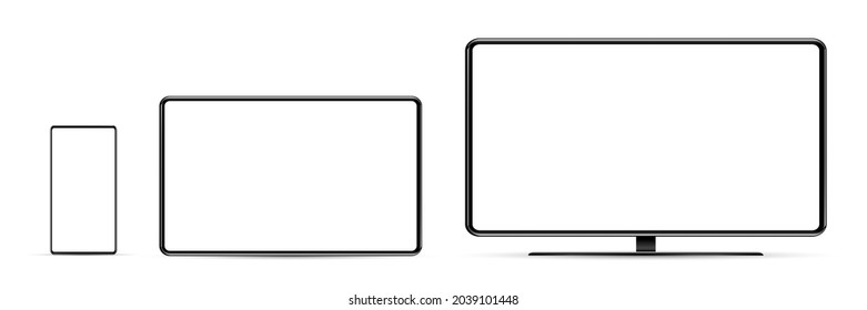 Device screen mockup. Smartphone, tablet, and monoblock monitor, with blank screen for you design. PNG. 