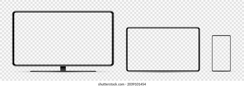 Device screen mockup. Smartphone, tablet, and monoblock monitor, with blank screen for you design. PNG. 
