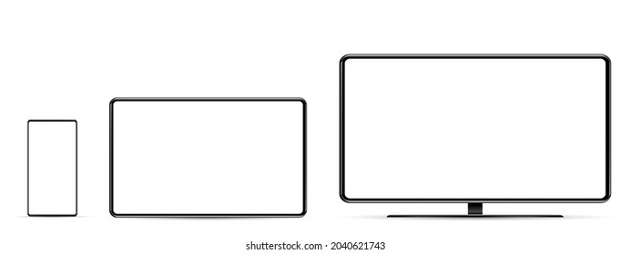Device screen mockup. Smartphone, tablet, laptop and monoblock monitor, with blank screen for you design. PNG. 