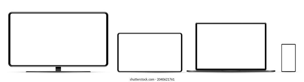 Parodia de la pantalla del dispositivo. Smartphone, tablet, laptop y monitor monoblock, con pantalla en blanco para su diseño. Papúa Nueva Guinea. 