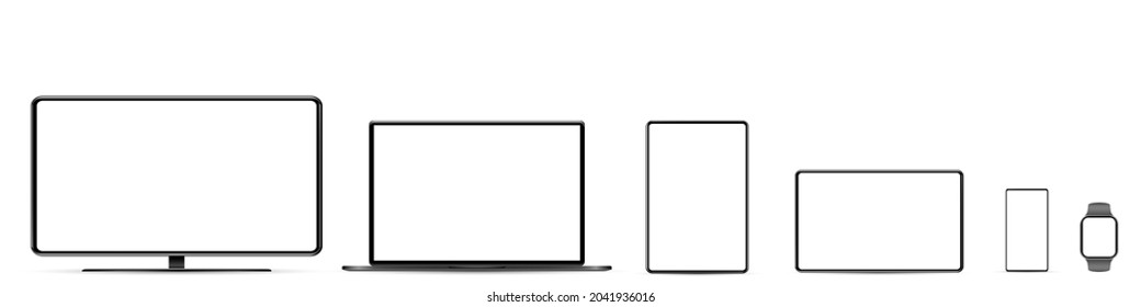 Device screen mockup. Smartphone, tablet, laptop and monoblock monitor, with blank screen for you design. PNG. watch.