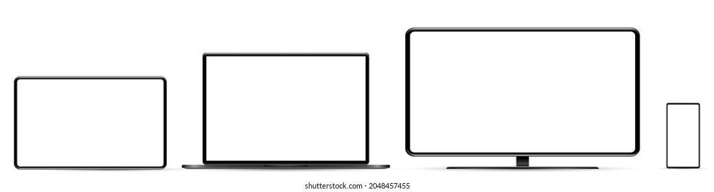 Device screen mockup. Smartphone, tablet, laptop and monoblock monitor, with blank screen for you design. PNG. 