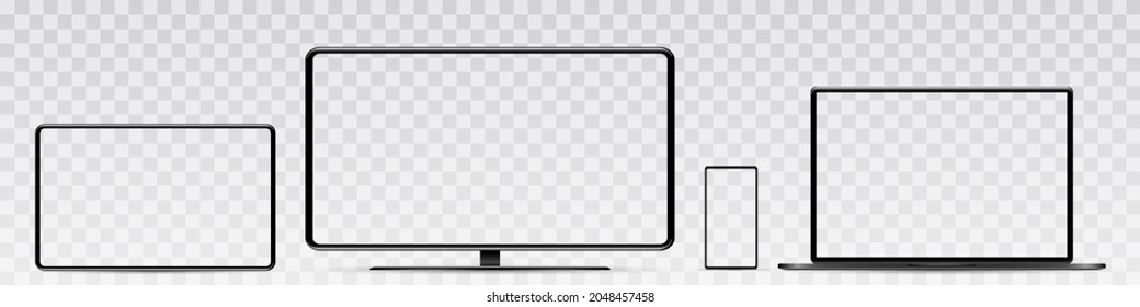 Device screen mockup. Smartphone, tablet, laptop and monoblock monitor, with blank screen for you design. PNG. 