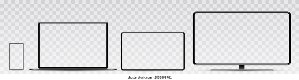 Device Screen Mockup. Smartphone, Tablet, Laptop And Monoblock Monitor, With Blank Screen For You Design. PNG. 
