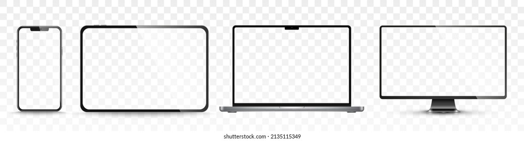 Device screen mockup. Smartphone, tablet, laptop and monoblock monitor, with blank screen for you design. PNG. Vector illustration	