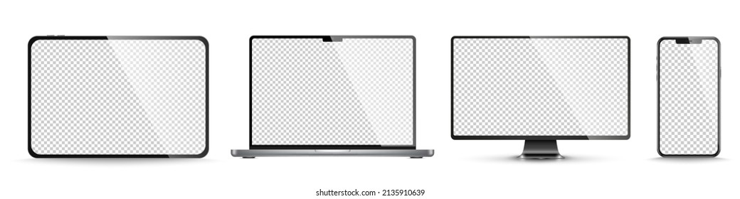 Device screen mockup. Smartphone, tablet, laptop and monoblock monitor, with blank screen for you design. PNG. Vector illustration	