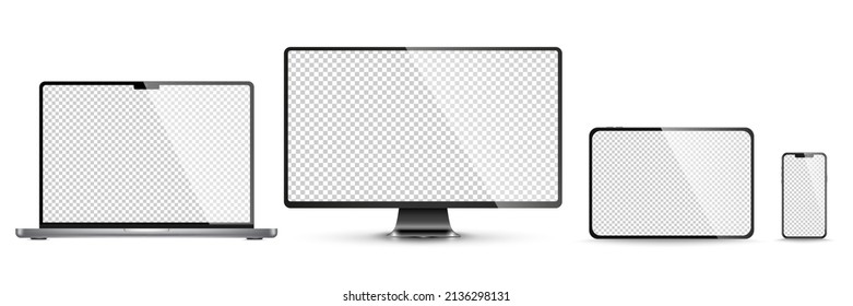 Device screen mockup. Smartphone, tablet, laptop and monoblock monitor, with blank screen for you design. PNG. Vector illustration	