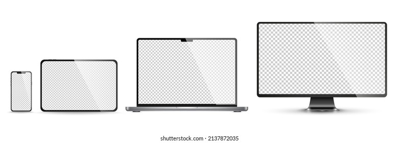 Device screen mockup. Smartphone, tablet, laptop and monoblock monitor, with blank screen for you design. PNG. Vector illustration	