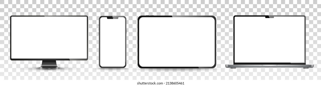 Device Screen Mockup. Smartphone, Tablet, Laptop And Monoblock Monitor, With Blank Screen For You Design. PNG. Vector Illustration	